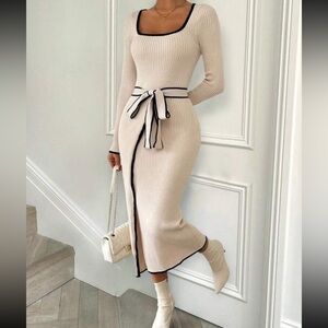 Minimalist Cream Knit Bodycon Sweater Dress